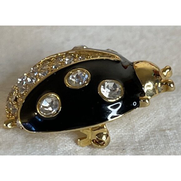Ann Taylor Ladybug Pin Brooch Gold Tone Black Enamel Clear Rhinestone Vintage - Picture 6 of 8